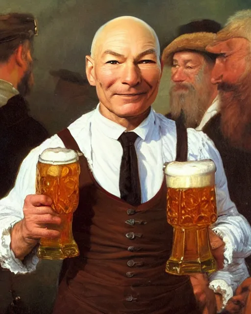 Image similar to a painting of patrick stewart holding a mug of beer at the oktoberfest, a detailed painting by konstantin makovsky and by jan matejko and by nikolay makovsky, shutterstock contest winner, german romanticism, detailed painting, oil on canvas, wimmelbilder