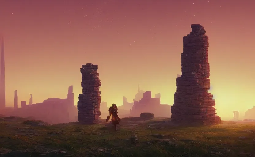 Prompt: A landscape with a single giant stone brick tower with pillars on top at sunset, magical portal, cyberpunk, glowing runes, technology, Low level, rendered by Beeple, Makoto Shinkai, syd meade, simon stålenhag, environment concept, synthwave style, digital art, unreal engine, WLOP, trending on artstation, 4K UHD image, octane render,