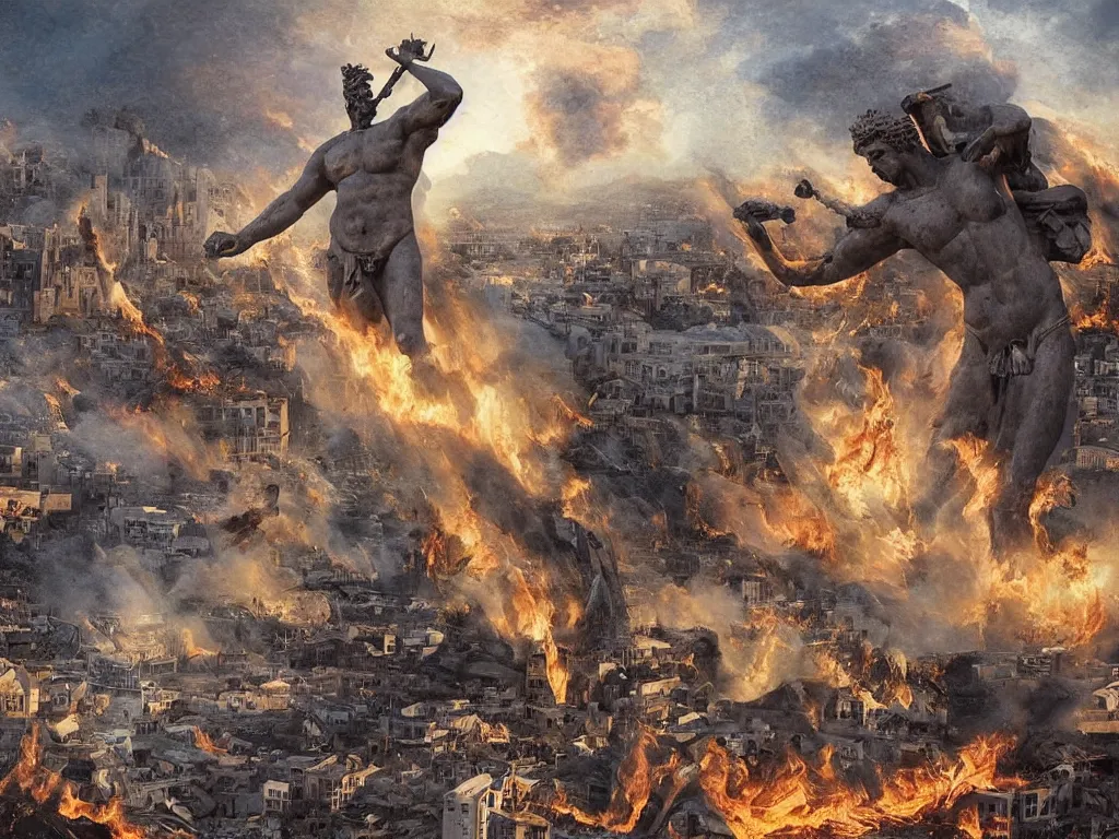 Image similar to giant greek statue attacking a city, city destruction ruins, debris flying around, swirls of fire