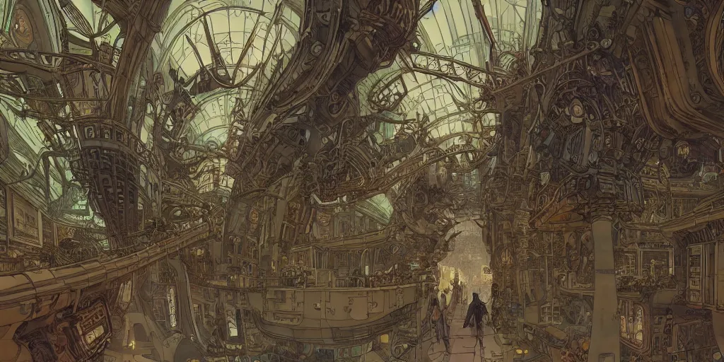 Prompt: wide angle view on steampunk airplane hallway, kid and mad scientist walking, giant video screens, sci - fi, big interior plants, retrofuturism, concept art by mucha and moebius and victo ngai, architecture by francois schuiten, clean line, diesel punk, artstation