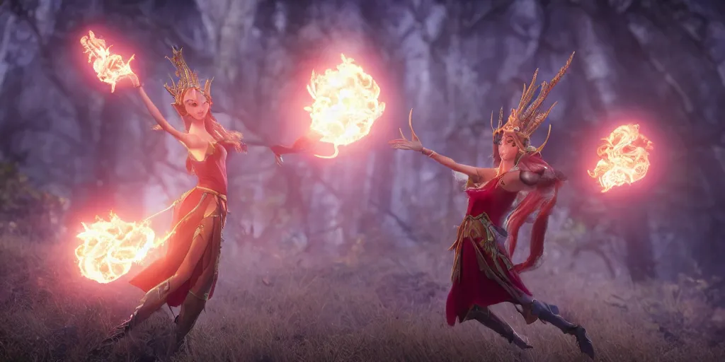 Image similar to a beautiful elven princess casting a fireball anime style, octane render