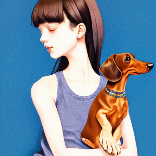 Image similar to richly detailed color  illustration of a dainty pretty young woman wearing a tank top, 'My pet dachshund' is the theme, very soft shadowing, smooth textures, large scale image. art by Range Murata.