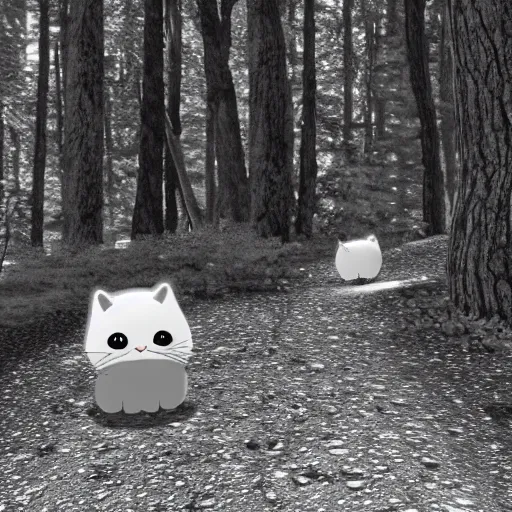 Prompt: tubbs from neko atsume walking through the forest, woodland creatures in the background, b & w, 4 k,