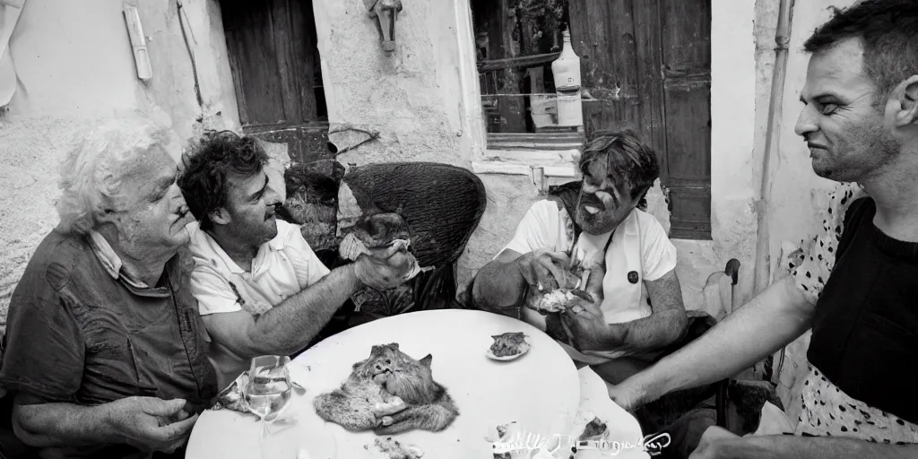 Image similar to cats sharing their mortadella with owner at a trullo house, photoreal, 3 5 mm, award winning photography