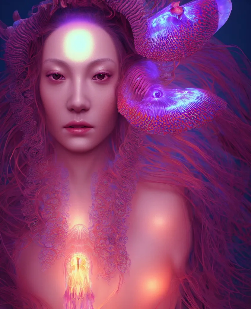 Image similar to goddess close-up portrait. jellyfish phoenix head, nautilus, orchid, skull, betta fish, bioluminiscent creatures, intricate artwork by Tooth Wu and wlop and beeple. octane render, trending on artstation, greg rutkowski very coherent symmetrical artwork. cinematic, hyper realism, high detail, octane render, 8k