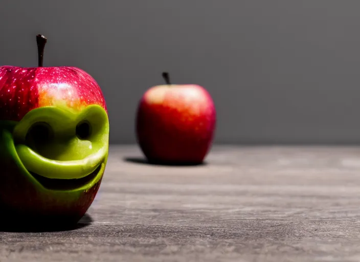 Image similar to photo still of an apple with human teeth, 8 k, studio lighting bright ambient lighting key light, 8 5 mm f 1. 8