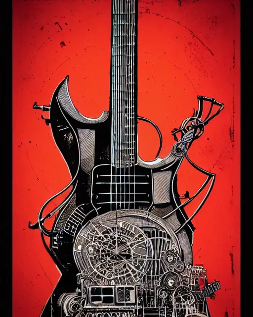 Image similar to a steampunk guitar leaning on an guitar amp, two point perspective, high details, bold line art, by vincent di fate and joe fenton, inking, etching, screen print, masterpiece, trending on artstation, sharp, high contrast, hyper - detailed,, hd, 4 k, 8 k