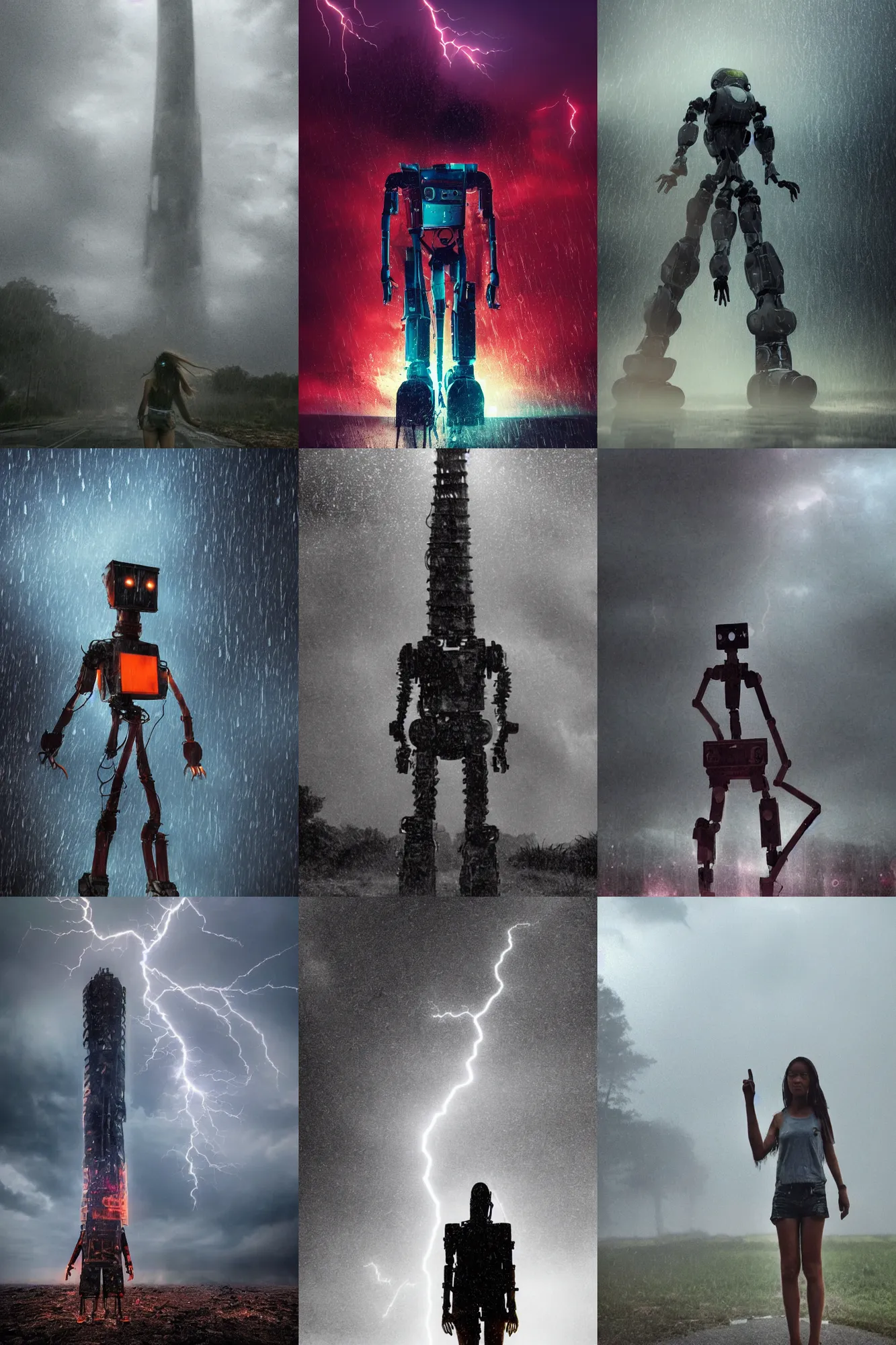 Prompt: detailed photograph of towering robot!!!!!! standing in the distance as a teenage girl!!!!!! screams near the camera wearing wet!! and ripped!!! shirt and shorts, short dof, atmospheric, apocalyptic rain and smoke and lightning, bold colors, dramatic movie still, 1 0 0