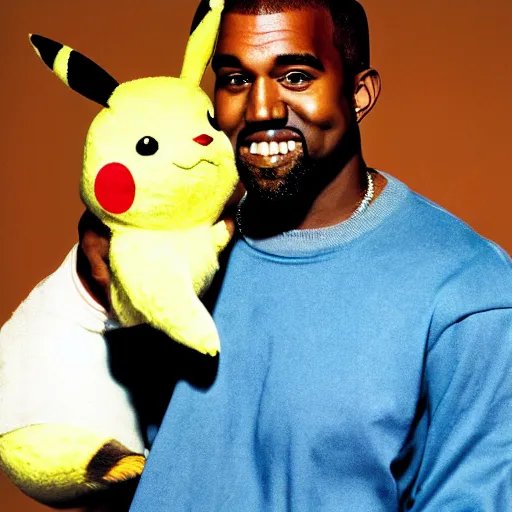 Image similar to kanye west smiling holding pikachu for a 1 9 9 0 s sitcom tv show, studio photograph, portrait c 1 2. 0