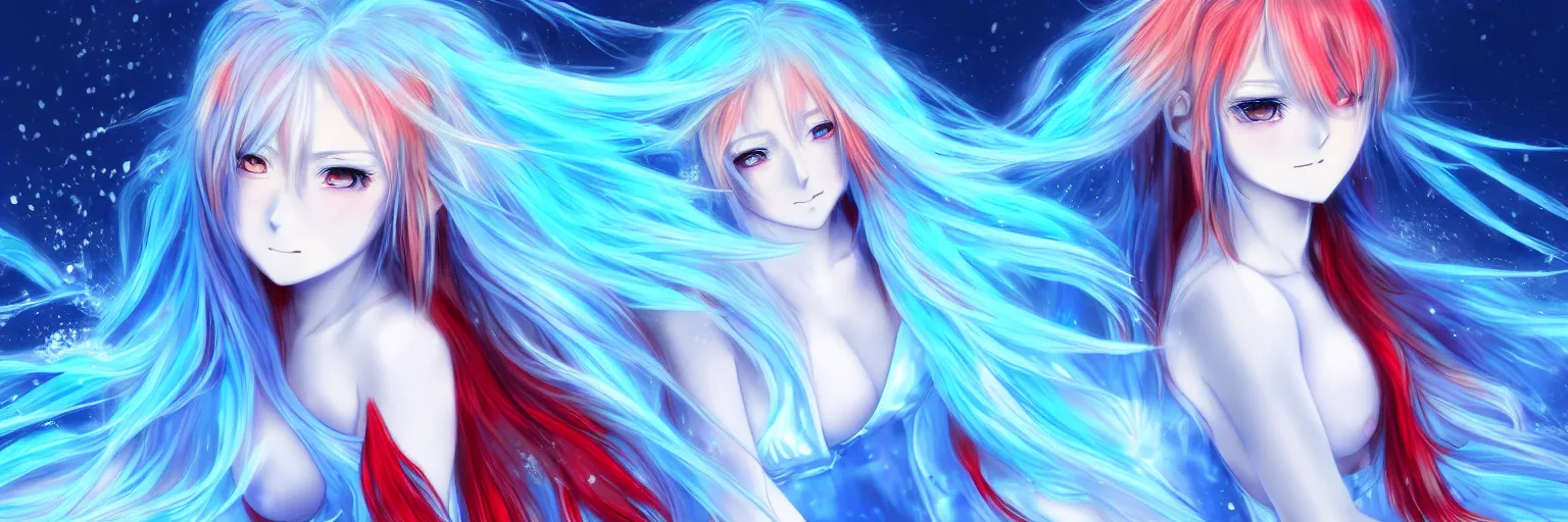 Prompt: advanced digital anime art, a very cute gorgeous teenage girl with a body made of fire and ice , full body, very long snow colored hair, sky blue highlights in hair, red fiery watery eyes, wearing a dress made of water, full round face, dramatic cinematic lighting, wideshot, highly intricately detailed, trending on pixiv, Artstation, painted by Rossdraws and the style of Sakimimichan