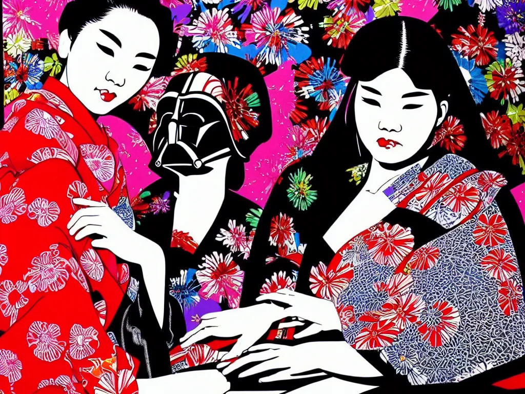 Image similar to hyperrealistic composition of the detailed woman in a japanese kimono sitting at a extremely detailed poker table with detailed darth vader, fireworks, mount fuji on the background, pop - art style, jacky tsai style, andy warhol style, acrylic on canvas