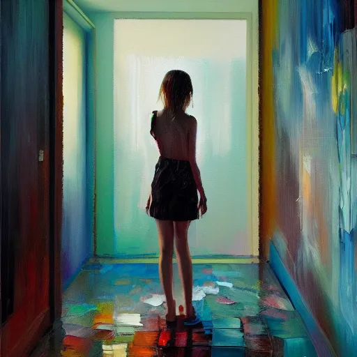 Image similar to palette knife oil painting portrait of a lonely girl in a liminal room, extreme detail, liminal aesthetic, artgerm, deviant art, octane, substance, art history 8 k