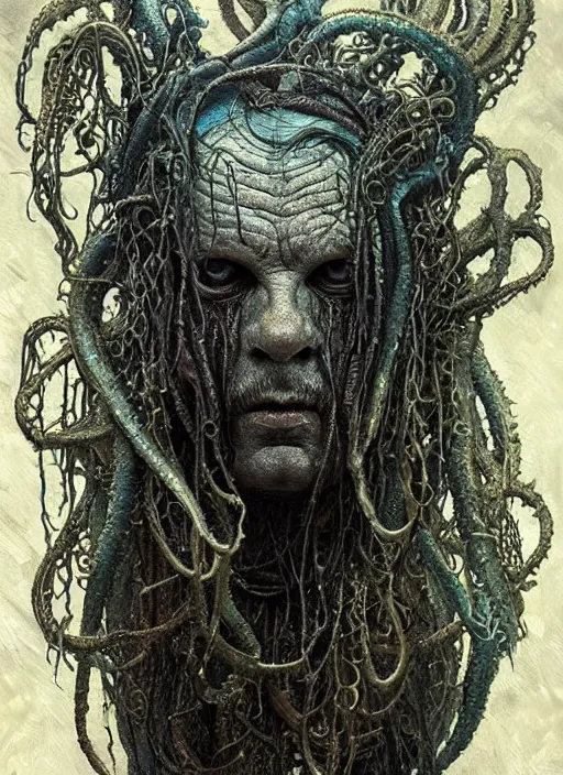 Image similar to portrait of a old lovecraftian underwater fish man hybrid with long wet tattered tangles of thinning black hair, eerie glowing eyes, wall hanging trophy taxidermy, hyper realistic head, fantasy art, in the style of greg rutkowski, zdizslaw beksinski, intricate, alphonse mucha, hyper detailed, smooth