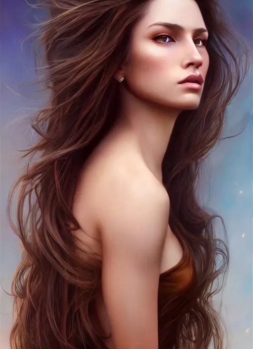 Image similar to a gorgeous female with long brown hair, photo by annie leibovitz, realistic, full body shot, wide angle, sharp focus, 8 k high definition, insanely detailed, intricate, elegant, art by stanley lau and artgerm, floating embers