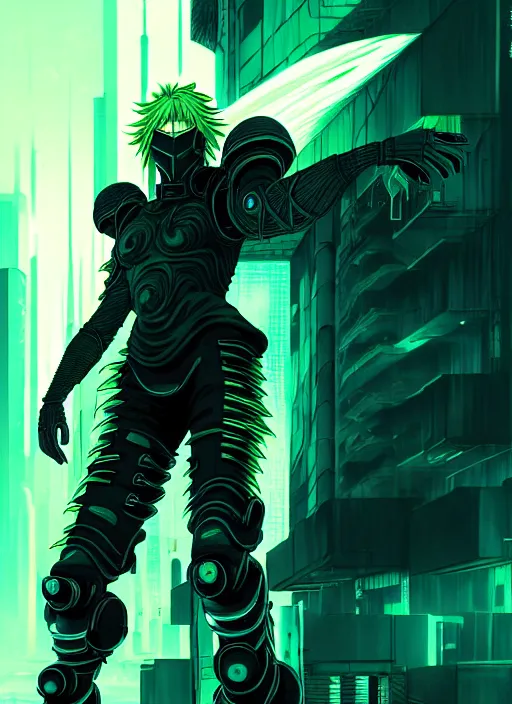 Image similar to a striking cinematic full body manga portrait of a male warrior with long blonde hair and blue eyes wearing evil green spiked cyberpunk armour and standing in the desolate burning ruins of a futuristic city by hirohiko araki and beeple, fine details, digital art, character concept art, volumetric lighting, cinematic light, photorealistic