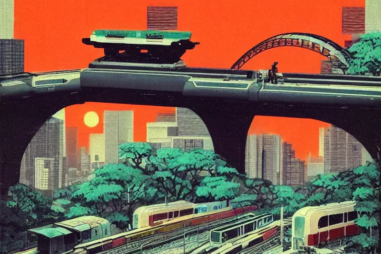 Image similar to 1 9 7 9 omni magazine cover of train bridge going above a park in osaka. cyberpunk style by vincent di fate