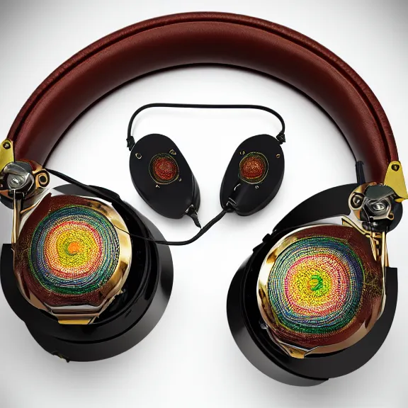 Image similar to masterpiece photo of beautiful crafted artistic bismuth metal headphones, bismuth rainbow metal, bismuth cups, leather padding, displayed on mahogany desk, modernist headphones, bismuth headphones beautiful well designed, hyperrealistic, audiophile, intricate hyper detail, extreme high quality, photographic, meze audio, sennheiser, hifiman, artstation