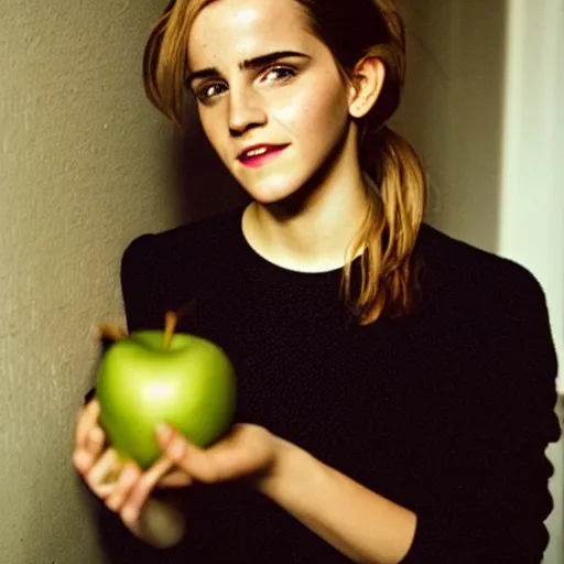 Prompt: Photograph of Emma Watson holding a green apple by the window. Golden hour, dramatic lighting. Medium shot. CineStill