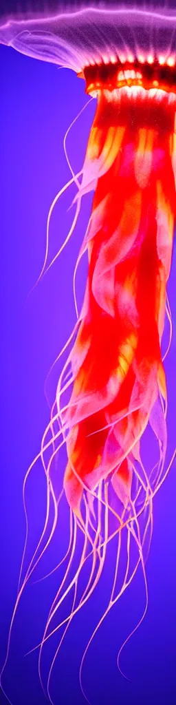 Image similar to a deep sea semi - translucent bioluminescent jellyfish colored purple and orange, hyperrealistic, extremely detailed, underwater photography