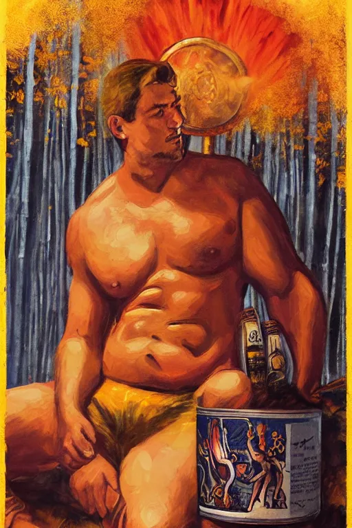 Prompt: ethereal dramatic tarot card painting of a shirtless handsome smirking cowboy with a chubby beefy build and belly | sitting | background is a serene campfire | tin cans and jugs of whisky | tarot card, art deco, art nouveau | by Mark Maggiori | trending on artstation