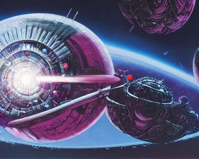 Prompt: alien dyson sphere megastructure in space by roger dean, paul lehr, mœbius and philippe druillet,