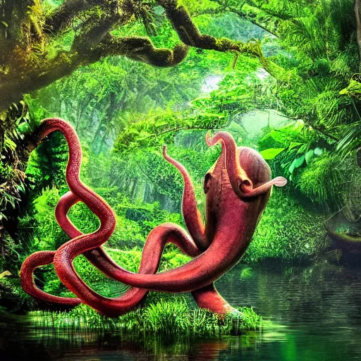 Image similar to a jungle, river with low hanging plants, flowers on the water, there is a giant octopus climbing up a tree, great photography, ambient light