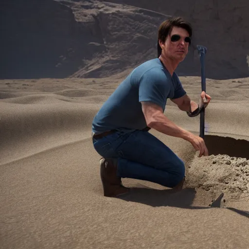 Prompt: tom cruise digging a giant hole with a shovel in a desert, photorealistic, unreal engine