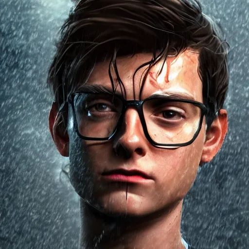 Image similar to Peter Parker , wet face , heavy rain ,dramatic, intricate, highly detailed, concept art, smooth, sharp focus, illustration, Unreal Engine 5, 8K
