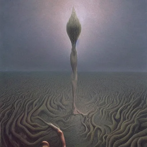 Prompt: It's back guys, oil on canvas by Zdzisław Beksiński