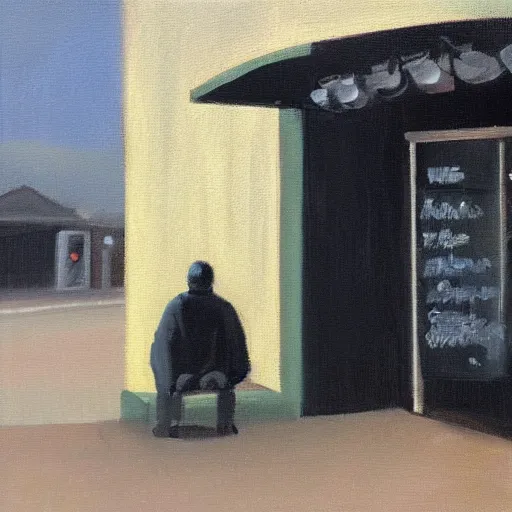 Prompt: a man waiting at a bus stop, oil painting, thick brush strokes!, on black canvas, street sign in corner