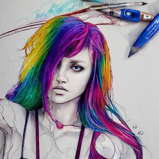 Prompt: a grungy woman with rainbow hair, soft eyes and narrow chin, dainty figure, long hair straight down, torn overalls, basic white background, side boob, symmetrical, watercolor, pen and ink, intricate line drawings, by Yoshitaka Amano, Ruan Jia, Kentaro Miura, Artgerm,