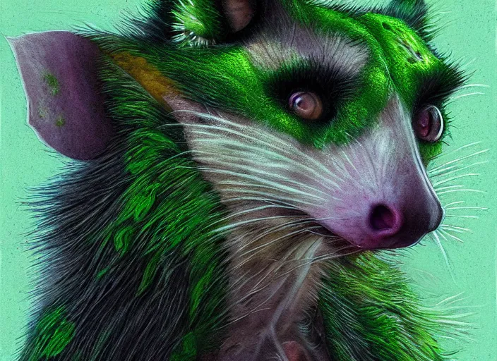 Image similar to face portrait of a anthro green zombie opossum fursona with long dark hair. Ruined stormy city. Glorious sun beams, intricate, elegant, highly detailed, digital painting, short focus, illustration, Allan Lee, John Howe