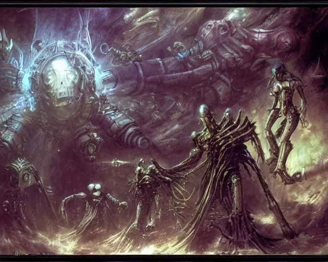 Image similar to lost in cyberspace with servitors chasing me, dim lighting, royo, giger, frazetta, whealan,