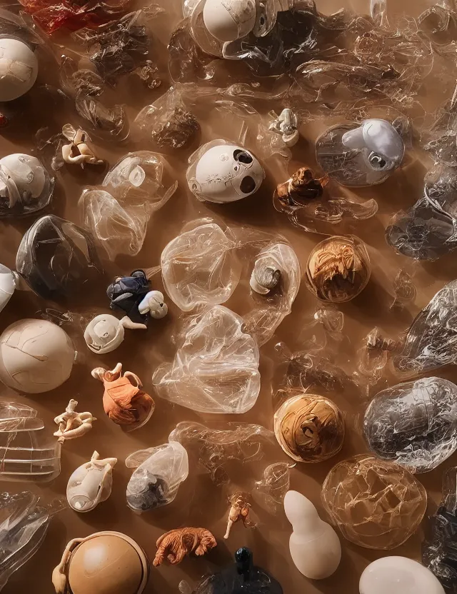 Image similar to a well - lit studio photograph of various earth - toned plastic toys floating in water, some wrinkled, some long, various sizes, textures, and transparencies, beautiful, smooth, detailed, intricate internal anatomy model