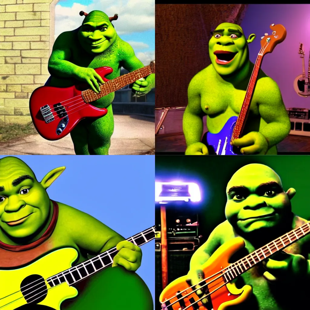 Prompt: footage of Shrek on the Fender bass