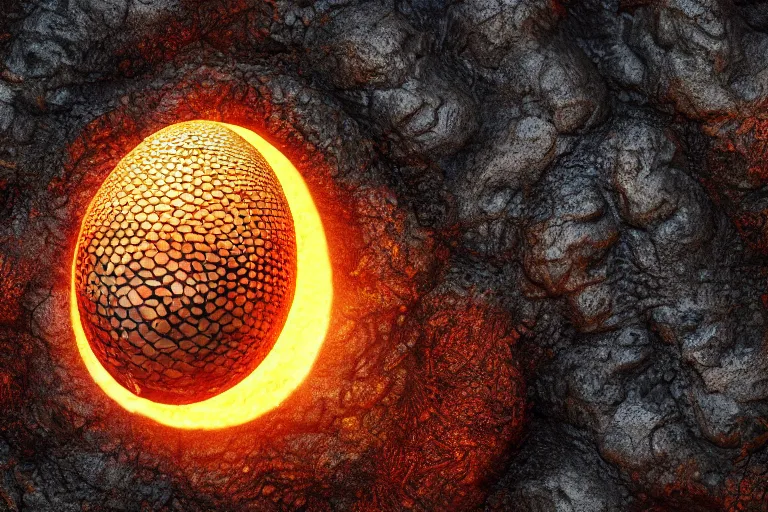 Prompt: a scaly dragon egg made from opalescent coal and molten lava, on a carved stone floor against a forest background photorealistic, dlsr, octane render, 8 k, cinematic lighting