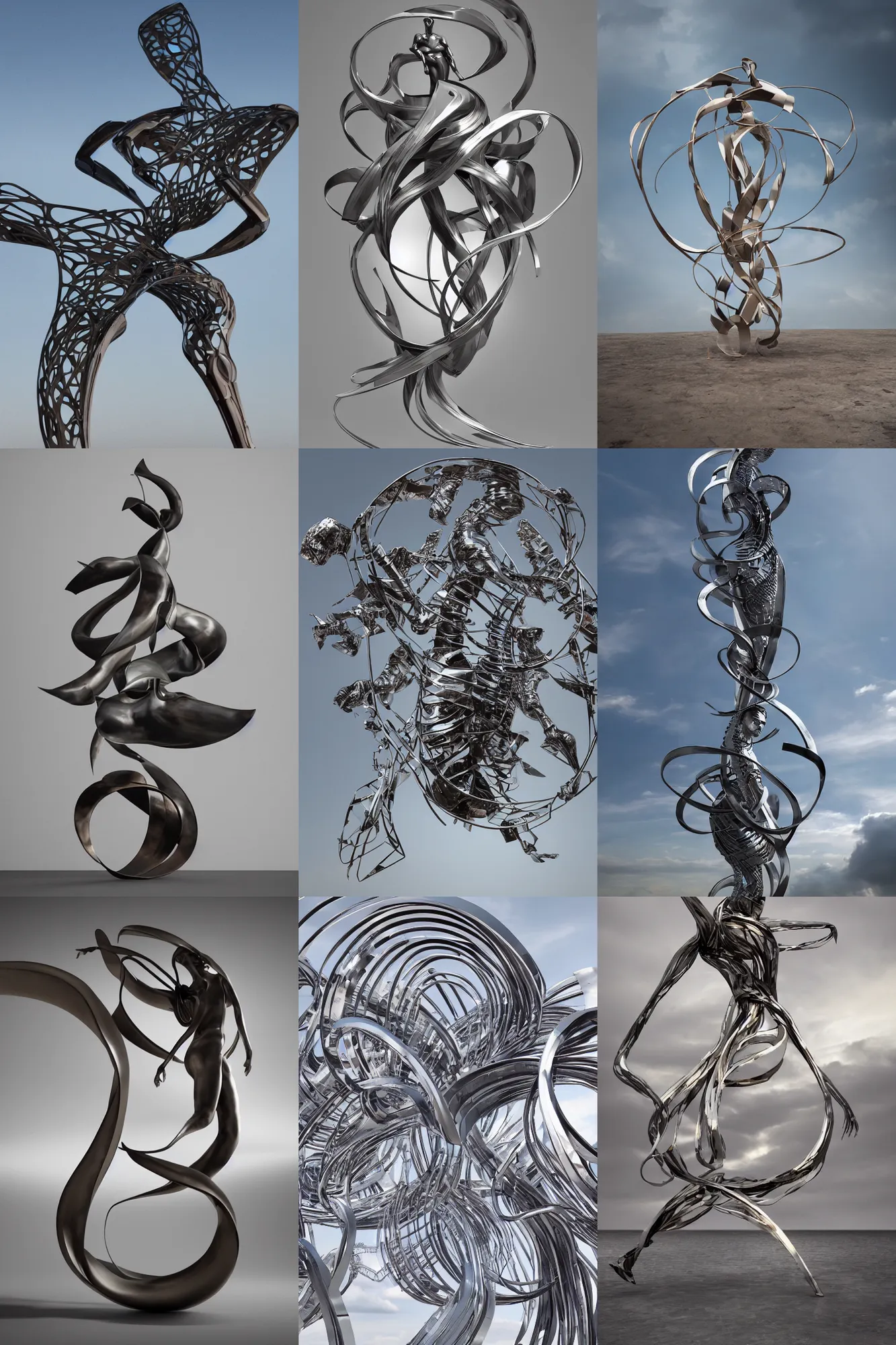 Prompt: metal curved circular sculpture with gestural forms and human parts mixed together into a monumental artwork, lifting up towards heaven, style of jack storms, anthony howe, octane render, 4 k