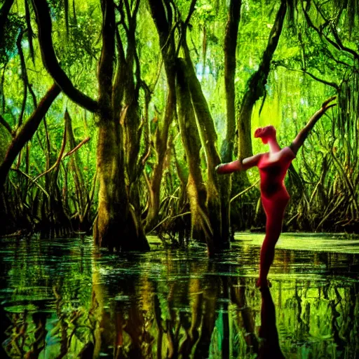 Image similar to a mannequin dancer in a mangrove swamp, cinematic light, beautiful dreamy lighting,