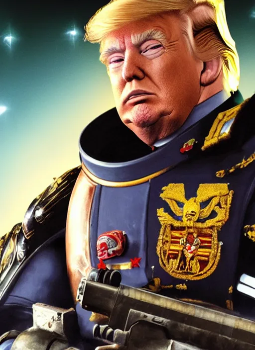 Image similar to donald trump is a space marine, cinematic film movie 4 k 8 k