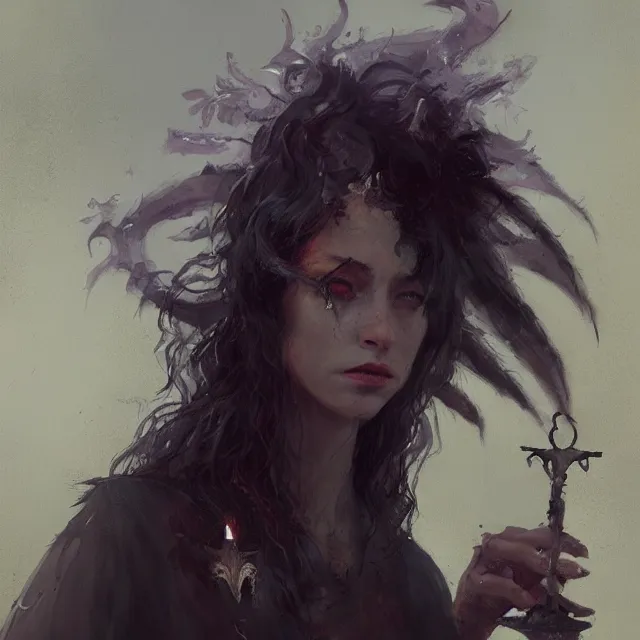 Prompt: a painting of a stoner witch by greg rutkowski, dark fantasy art, high detail, trending on artstation