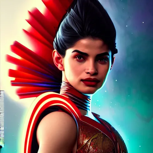 Image similar to anne curtis as darna, volumetric lights, red and cyan theme, art nouveau botanicals, intricate, highly detailed, digital painting, artstation, concept art, smooth, sharp focus, cinematic, illustration, beautiful face, art by artgerm and greg rutkowski and alphonse mucha