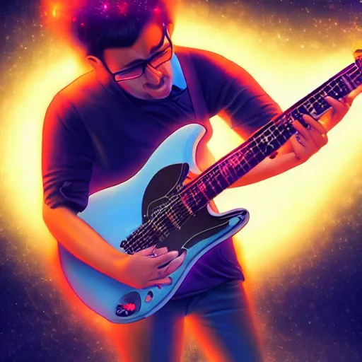 Image similar to a guitarist playing so intensely there is electricity shooting out from his guitar, energy beams under his finger tips, and magic sparkles from the freboard, amazing ditial art, trending on artstation, featured on deviantart