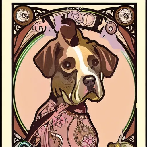 Prompt: a cute dog in the style of alphonse mucha