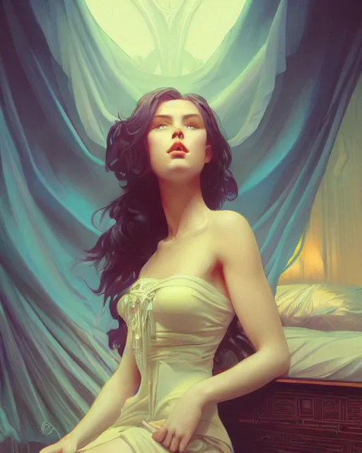 Image similar to emily rajtkowski, posing, vaporwave, bedroom, highly detailed, digital painting, artstation, concept art, smooth, sharp focus, illustration, art by artgerm and greg rutkowski and alphonse mucha