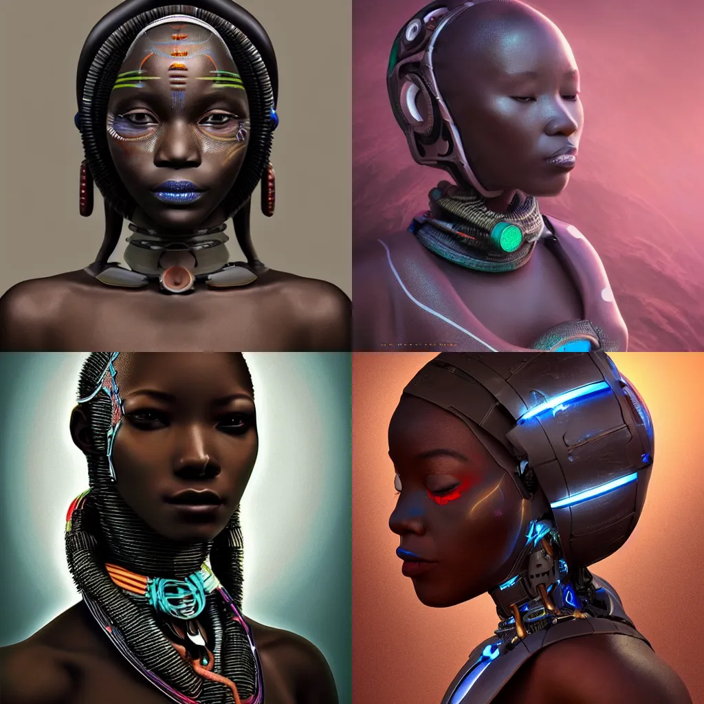 Prompt: beautiful futuristic himba woman wearing otjize, robotic arms, weightless in space, hyperrealistic, scifi, concept art, digital art, portrait, dark, muted colors