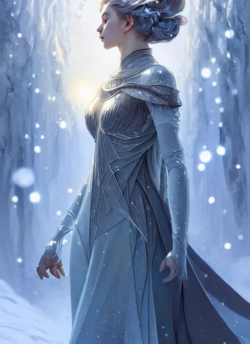 Image similar to a beautiful cinematic female winter goddess, cristal dress, ice wing, galatic shamen with quantum energy fantasy, fantasy magic, undercut hairstyle, dark light night, intricate, elegant, sharp focus, illustration, highly detailed, digital painting, concept art, matte, art by wlop and artgerm and greg rutkowski and alphonse mucha, masterpiece