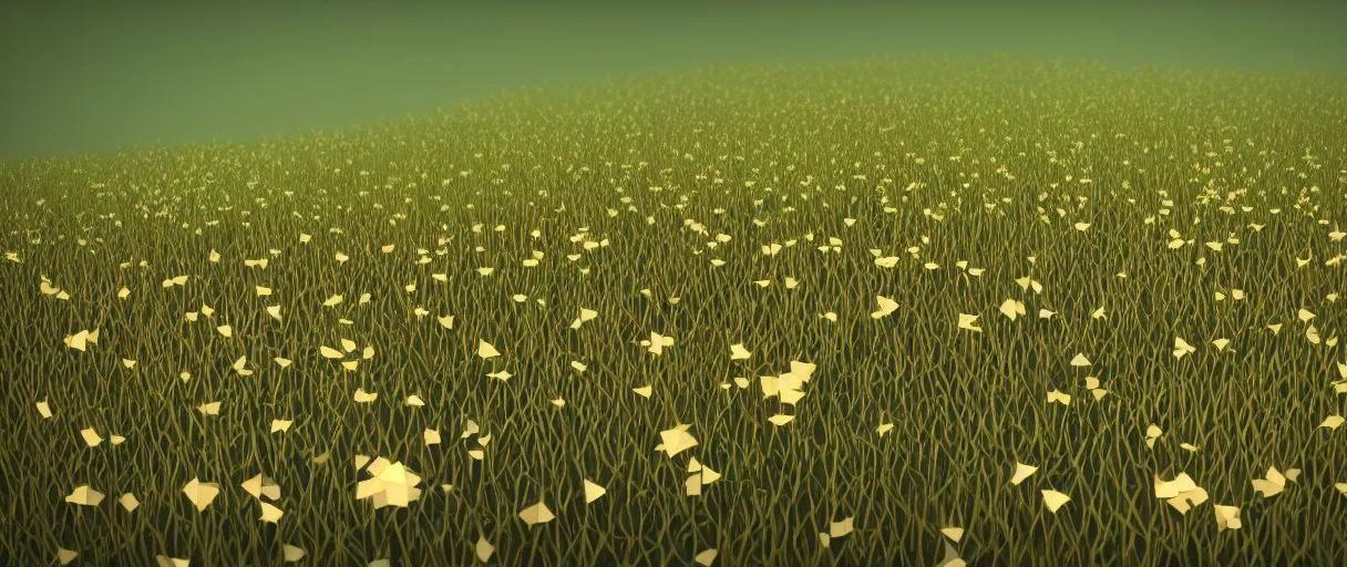 Prompt: 3 d render, low poly art, minimalist, flowers, field of dreams, unreal engine, dreamy, bokeh, bounce light, radiant lighting