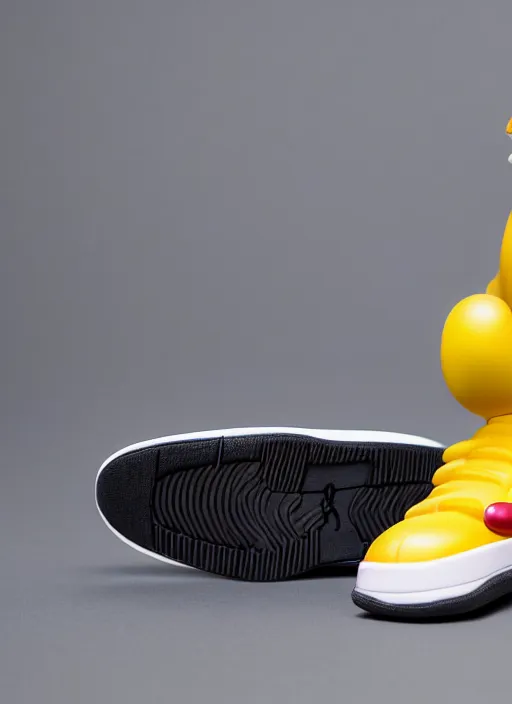 Image similar to hyperrealistic and heavy detailed product photo jordan shoe of homer simpson in front of white back drop, whole shoe is in picture, leica sl 2 5 0 mm, vivid color, high quality, high textured, real life,