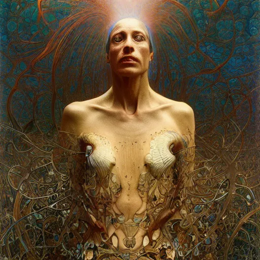 Prompt: time traveller by zdzisław beksinski, iris van herpen, raymond swanland and alphonse mucha. highly detailed, hyper - real, beautiful