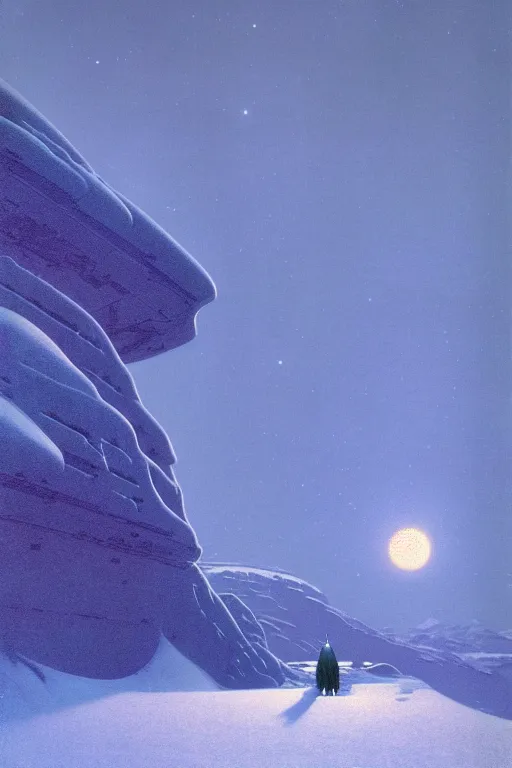 Image similar to emissary space by arthur haas and bruce pennington and john schoenherr, planet hoth, snowy mountains, blue hour, cinematic matte painting, 8 k, color palate alien planet under arctic moonlight by moebius, dark color palate,